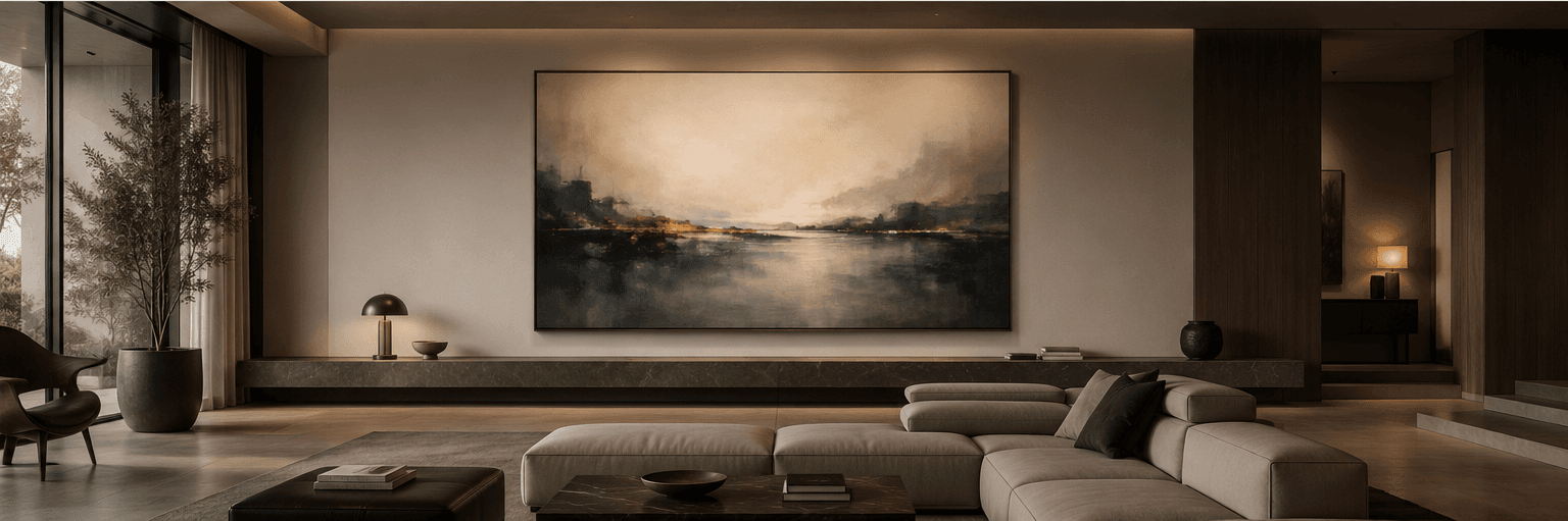 Living room wall with artwork previewed at true scale.